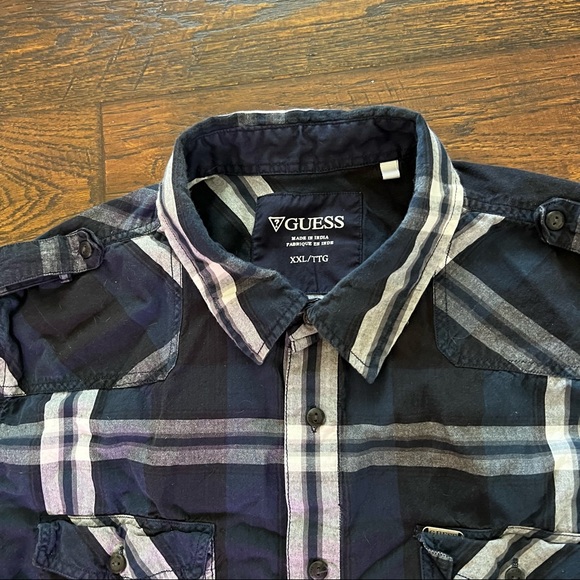 Guess Blue Black Plaid Shirt Short-Sleeve Button-Down - Picture 1 of 5